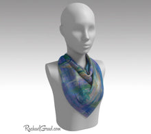 Load image into Gallery viewer, Purple Floral Art Scarf by Artist Rachael Grad 26" square scarves on mannequin 