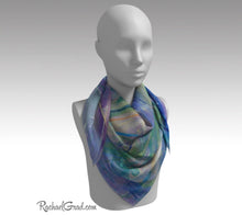 Load image into Gallery viewer, Purple Floral Art Scarf by Artist Rachael Grad 36" square scarves on mannequin 