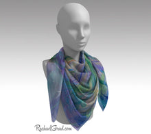 Load image into Gallery viewer, Purple Floral Art Scarf by Artist Rachael Grad 50" on mannequin 
